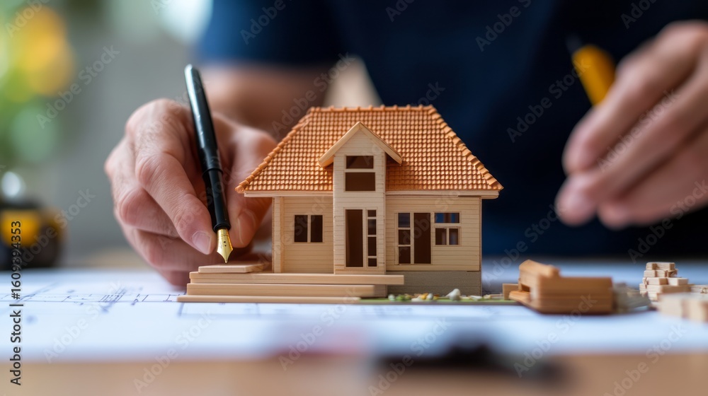 Fototapeta premium Detailed Model House Design with Tools on Blueprint for Architectural Planning