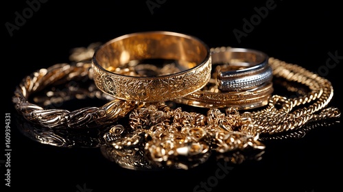Scrap gold collection with bracelets and chains displayed on black background using dramatic contrast and luxury effect