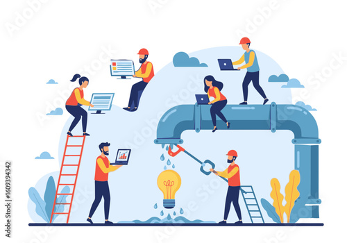 A collaborative team of developers and engineers working together on a large pipeline, fixing leaks and generating new ideas.