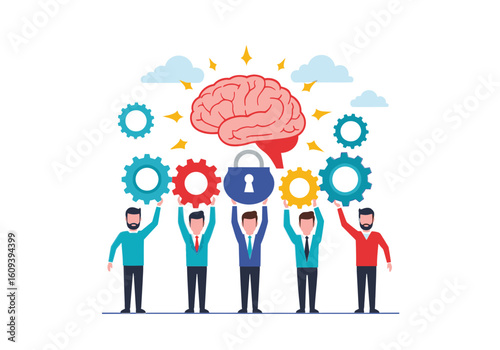A team of businessmen holding up gears and a padlock, protecting a glowing brain representing intellectual property.