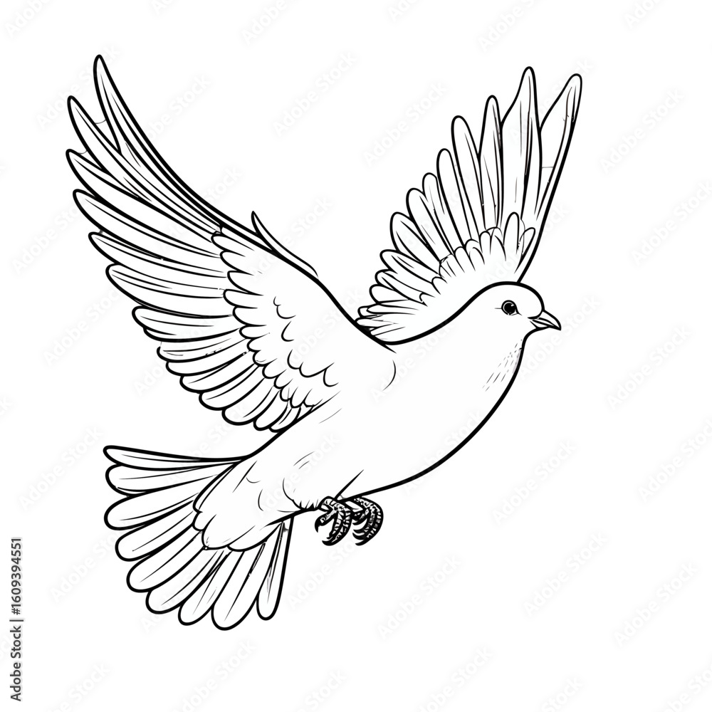 Obraz premium Elegant Dove in Flight: Detailed Black and White Line Art Illustration
