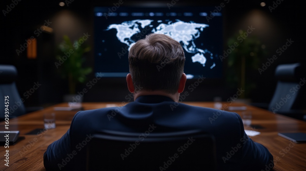 Obraz premium Man in Suit Observing Digital World Map in Modern Conference Room for Business Strategy