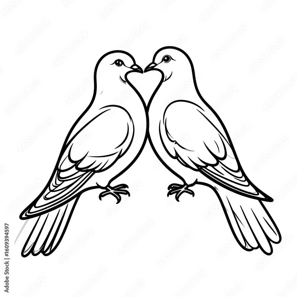Fototapeta premium Two elegant black and white doves facing each other with beaks touching