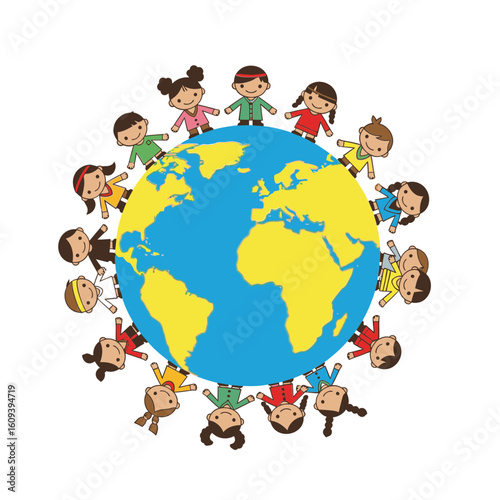 A circle of multicultural children holding hands in unity around the globe.