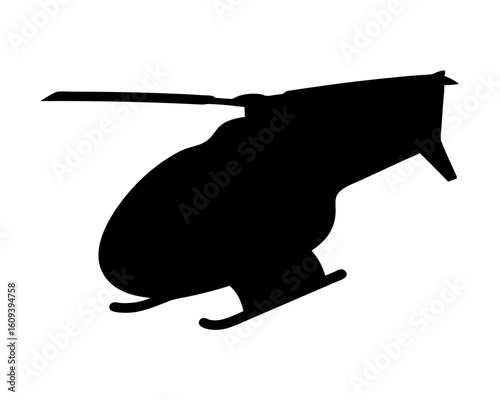 Black silhouette of a helicopter with rotor blades on white background
