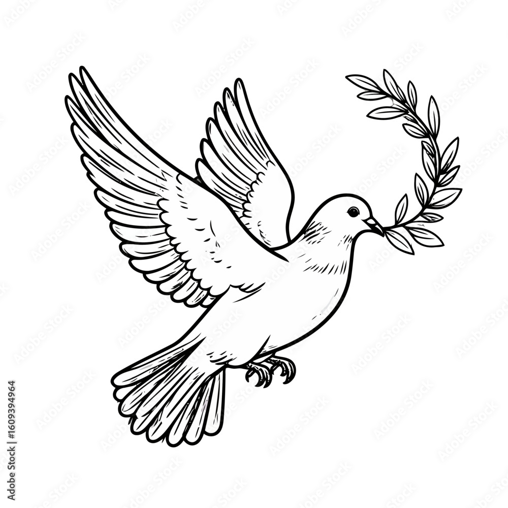 Fototapeta premium Dove with Olive Branch: Black and White Line Art Illustration of Peace Symbol