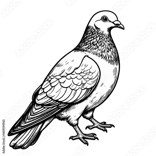 Monochrome line art of a standing pigeon with intricate feather details and a calm expression.
