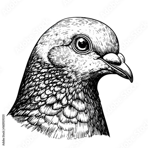 Detailed black and white engraving of a pigeon's head in profile. Hand-drawn illustration with intricate feather textures and a large, prominent eye.