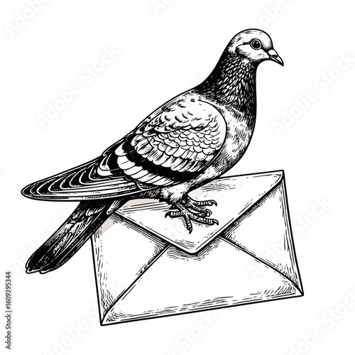 Engraved Pigeon Perched on Envelope, Detailed Feather Texture, Vintage Style