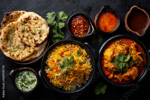 Flat Lay of Indian Food with Biryani, Spices, and Pita Bread on Dark Background

