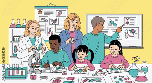 Diverse students and teachers in a science lab learn biology with microscopes and dissection.