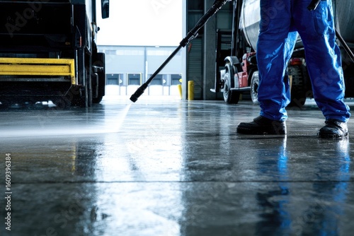 Worker cleaning a concrete floor with a high-pressure water jet