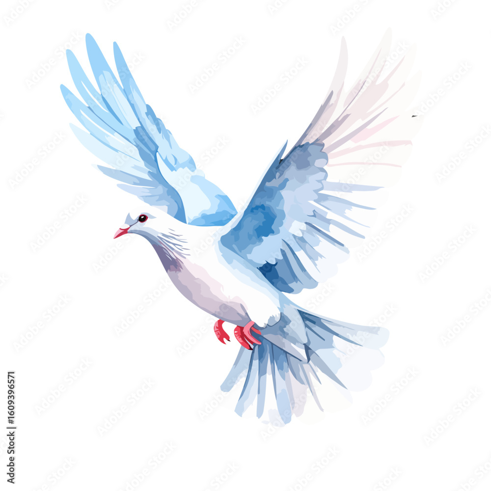 Obraz premium Watercolor Illustration of a White Dove with Blue Wings in Flight