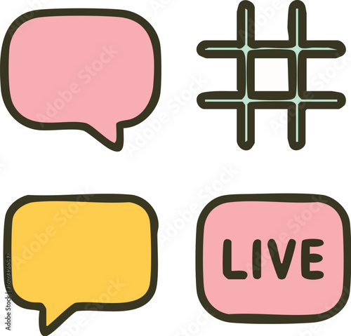 Cute Cartoon Speech Bubbles and Live Icon Set.