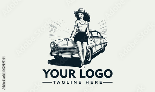 An illustration of a woman in a hat leaning on the hood of a vintage car, with rays emanating from behind.