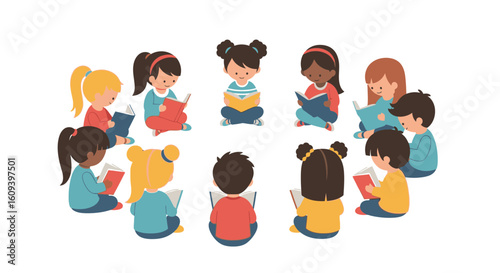 A diverse group of young children sitting in a circle on the floor, each focused on reading their own book.