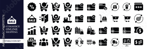 E-commerce and Online Shopping Icon Set – Digital Store, Cart, Payment, Delivery, Mobile Commerce, Product, Sale, Transaction, Checkout, and Retail Business Vector Illustrations