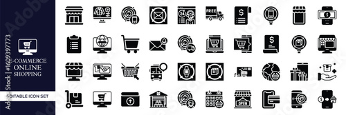 E-commerce and Online Shopping Icon Set – Digital Store, Cart, Payment, Delivery, Mobile Commerce, Product, Sale, Transaction, Checkout, and Retail Business Vector Illustrations
