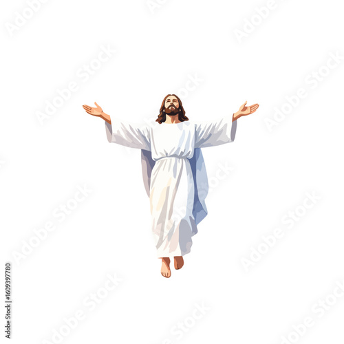 Risen Jesus Christ in a white robe, ascending with open arms and a serene expression.