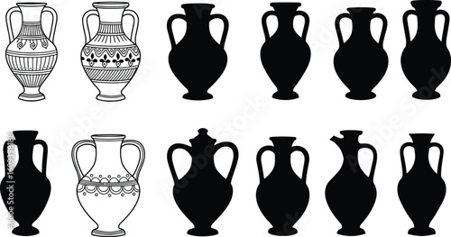 Ancient Greek amphora silhouettes, black and white vases, traditional pottery designs, decorative ceramic jars, vintage urn illustrations, classic pottery art