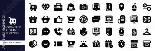 E-commerce and Online Shopping Icon Set – Digital Store, Cart, Payment, Delivery, Mobile Commerce, Product, Sale, Transaction, Checkout, and Retail Business Vector Illustrations