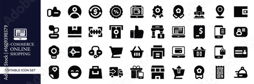 E-commerce and Online Shopping Icon Set – Digital Store, Cart, Payment, Delivery, Mobile Commerce, Product, Sale, Transaction, Checkout, and Retail Business Vector Illustrations