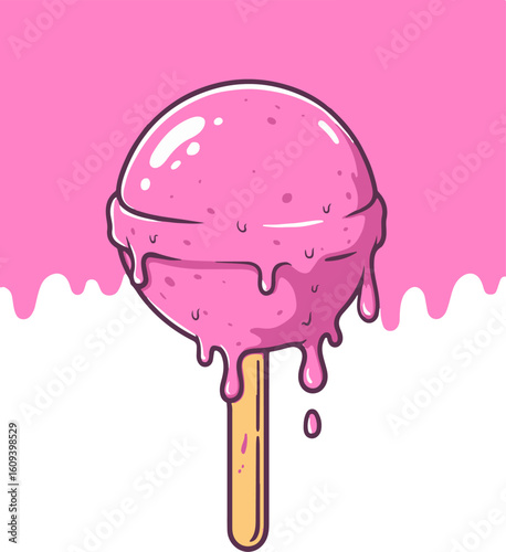Cute Melting Pink Lollipop Dripping on Stick Vector Illustration