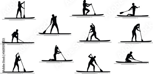 ilhouettes of paddleboarding people, vector illustration, outdoor water sport, paddleboard poses, balanced movement, standing, kneeling, bending, active lifestyle