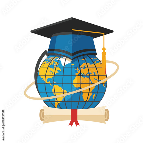 A world globe wearing a graduation cap and resting on a diploma, symbolizing global education and international studies.