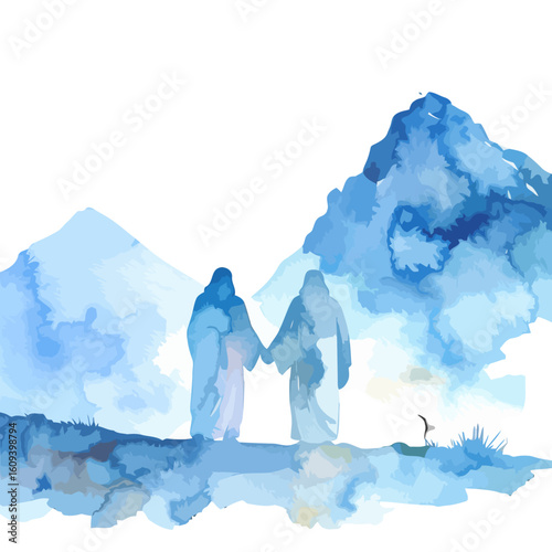 Artistic watercolor illustration of two robed figures holding hands, walking together.