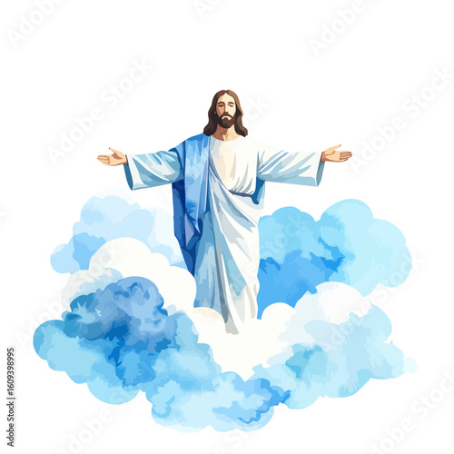 Serene Jesus Christ with outstretched arms in white and blue robes, emerging from stylized watercolor clouds.