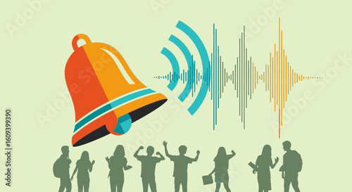 A large ringing bell sends sound waves over a crowd of people, symbolizing an alert or notification.