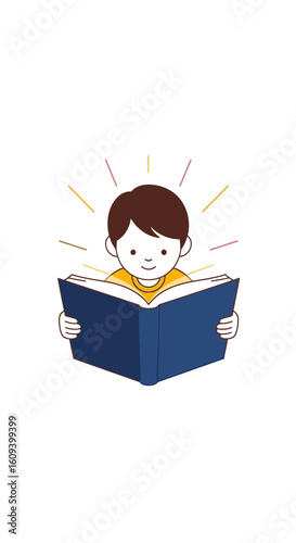 A cartoon boy reads a book, with a radiant glow around his head symbolizing knowledge and imagination.