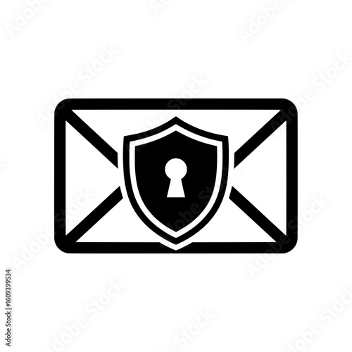 Simple vector illustration of an email envelope protected by a shield with a keyhole in the center. 