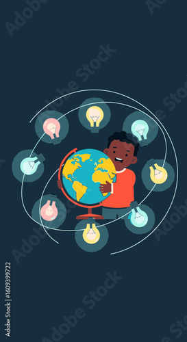 A young Black boy happily hugs a world globe surrounded by swirling lightbulbs representing ideas.