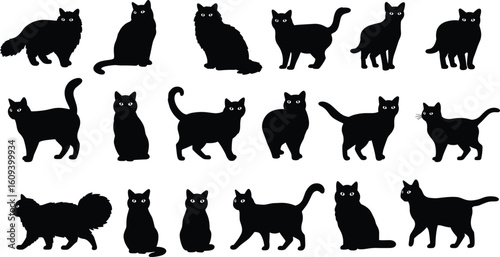 Black cat silhouettes vector, feline clipart set, cat shape bundle, spooky Halloween cats, domestic pet icons, walking sitting cats
