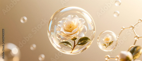 Camellia skin care products effective ingredients molecule concept diagram