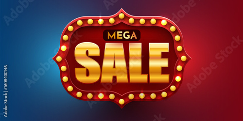 Mega sale. Retro light sign. Signboard with lamps border. Vintage style discount promotion banner. Vector illustration.