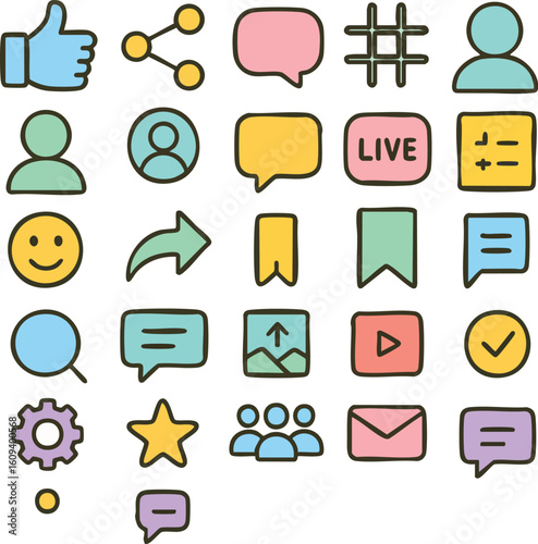 Doodle Style Social Media and Communication Icons Set.