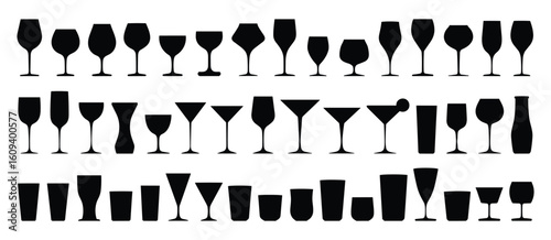 Vector illustration of assorted glass silhouettes, including wine, cocktail, martini, and champagne flutes, arranged for drinkware design reference