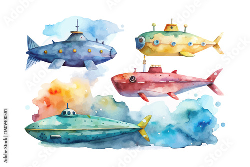 set of watercolor A Submarine vector illustration isolated on white background