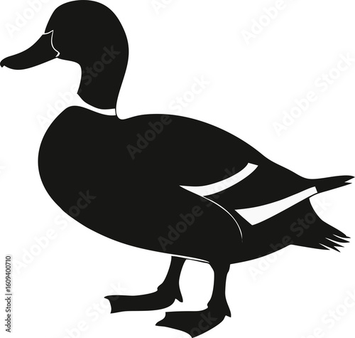 Φωτογραφία A solid black silhouette of a duck with webbed feet, standing in profile on a white background