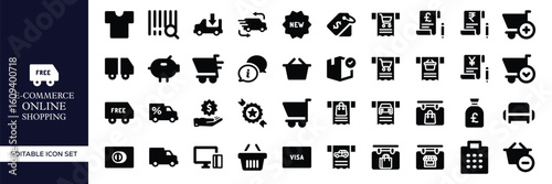 E-commerce and Online Shopping Icon Set – Digital Store, Cart, Payment, Delivery, Mobile Commerce, Product, Sale, Transaction, Checkout, and Retail Business Vector Illustrations