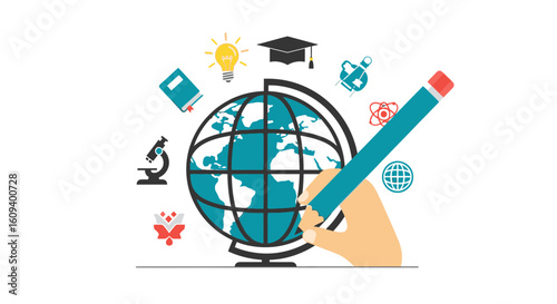A hand with a large pencil points to a globe surrounded by icons for education, science, and learning.