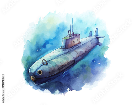 watercolor A Submarine vector illustration isolated on white background