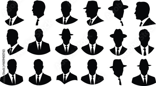 Businessman silhouette icons, male profile vectors, men in suits clipart, hat silhouette images, formal male avatars, professional men