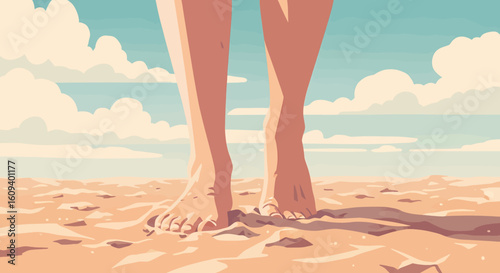 Barefoot Serenity on Sandy Beach Under Blue Sky
