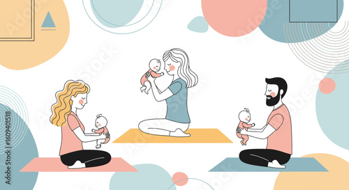 A group of new parents with their babies sitting on mats in a support group or class.