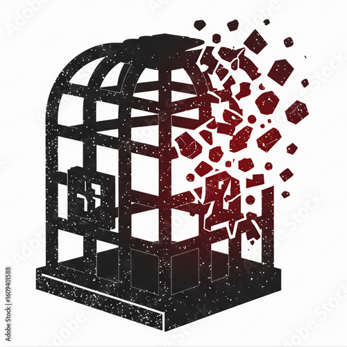 Vector black birdcage breaking into fragments