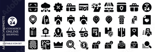 E-commerce and Online Shopping Icon Set – Mobile Commerce, Digital Store, Shopping Cart, Payment Gateway, Product Search, Order Tracking, Checkout, Delivery, Sale, and Retail Business Vector Icons